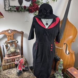 Vix Black Midi Dress with Pink Polka-Dot Trim